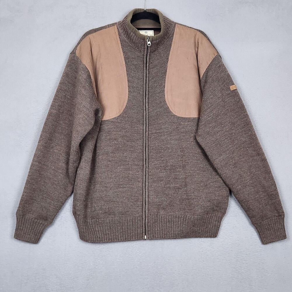 Beretta Sweater Mens Large Brown Wool Full Zip Mock Neck Lined Shooting Patches